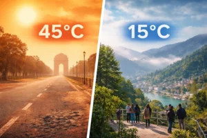 Split image showing Delhi heatwave at 45°C and cool hill station landscape at 15°C with mountains and tourists