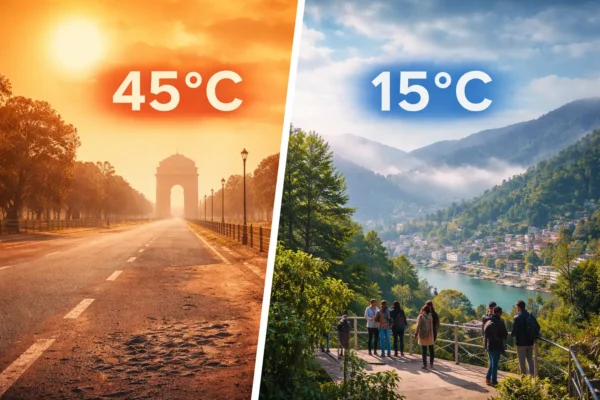 Split image showing Delhi heatwave at 45°C and cool hill station landscape at 15°C with mountains and tourists