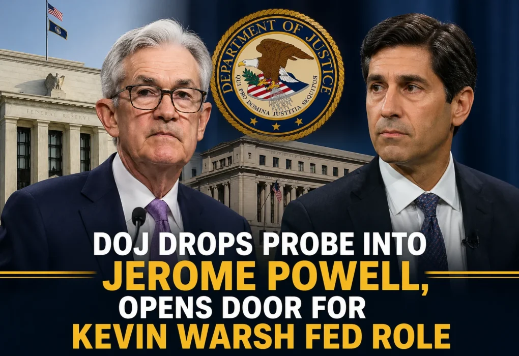 Jerome Powell and Kevin Warsh with Federal Reserve and DOJ context background
