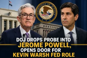 Jerome Powell and Kevin Warsh with Federal Reserve and DOJ context background