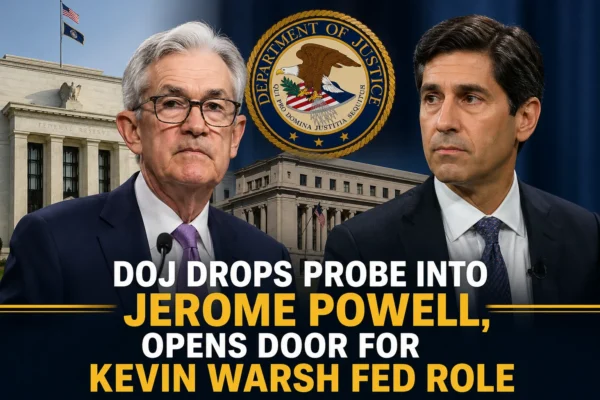 Jerome Powell and Kevin Warsh with Federal Reserve and DOJ context background