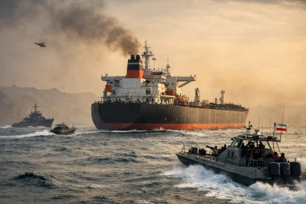 Indian oil tanker navigating tense Strait of Hormuz amid naval presence