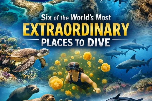 Divers exploring extraordinary underwater locations including coral reefs, sharks, and the Great Blue H