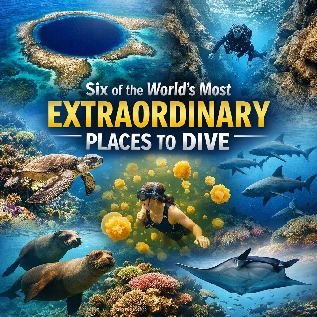Divers exploring extraordinary underwater locations including coral reefs, sharks, and the Great Blue H