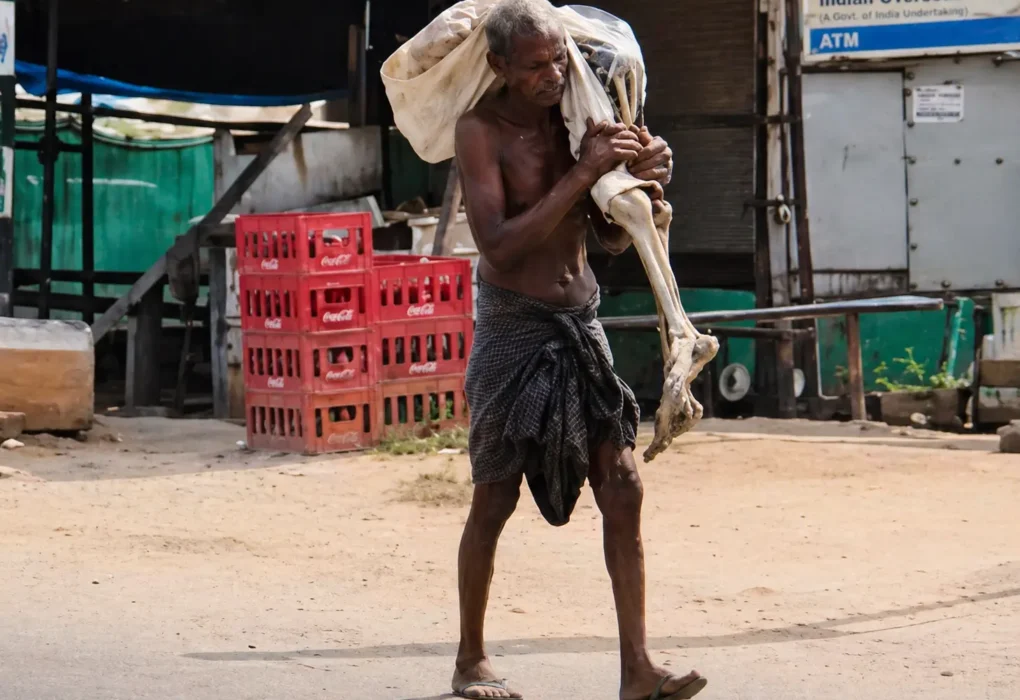 Elderly man in Odisha carrying skeletal remains wrapped in cloth near a bank during a protest over withdrawal of deceased sister’s money.