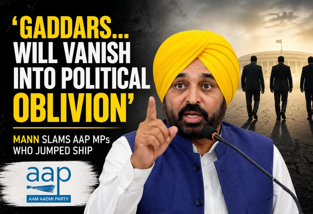 Bhagwant Mann criticizing AAP MPs who defected, warning they will face political oblivion