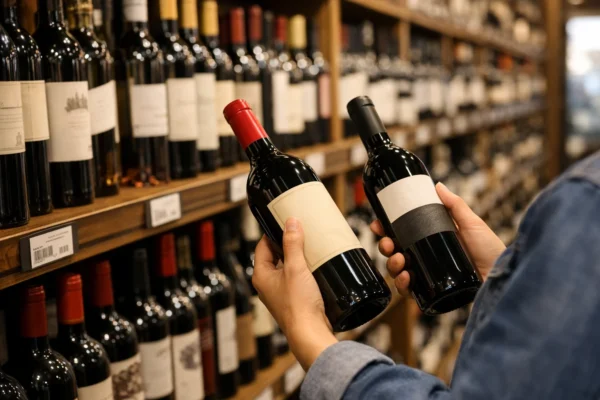 Shopper comparing wine bottles in a store to find great value wines