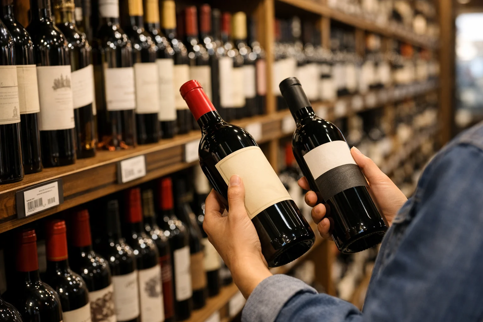 Shopper comparing wine bottles in a store to find great value wines