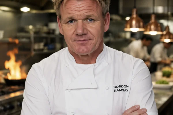 Gordon Ramsay standing in a professional kitchen with chefs working in the background