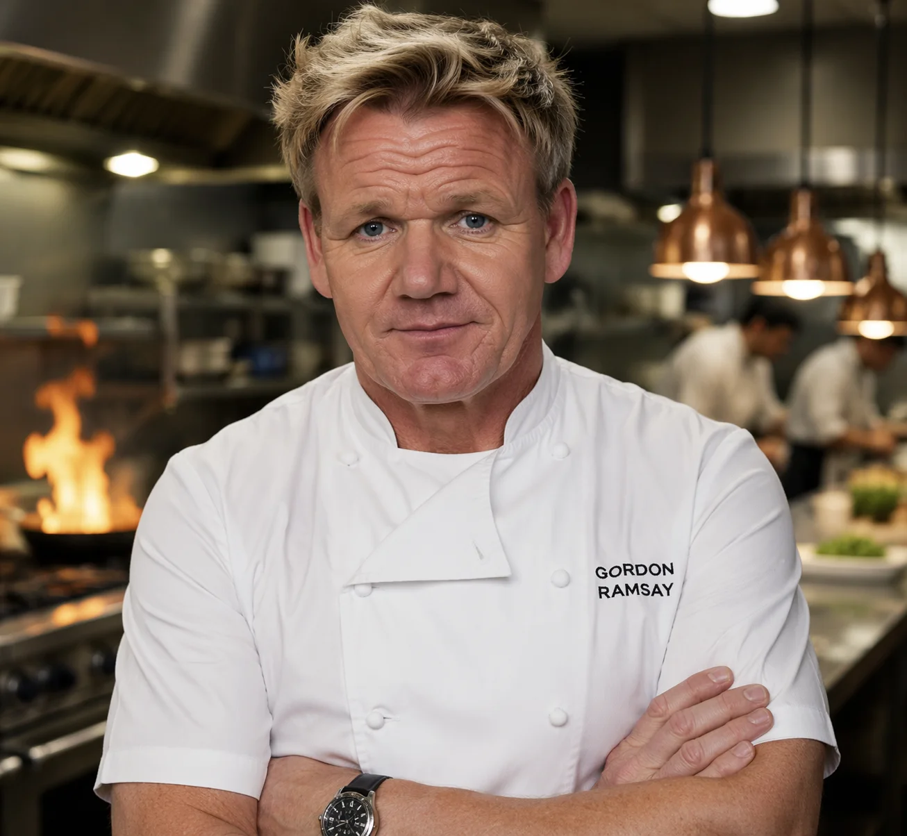 Gordon Ramsay standing in a professional kitchen with chefs working in the background