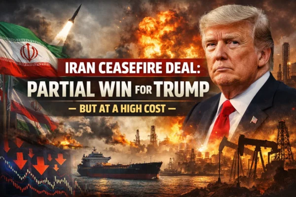Donald Trump with Iran flag, oil tankers, and explosions depicting Iran ceasefire deal and geopolitical tensions