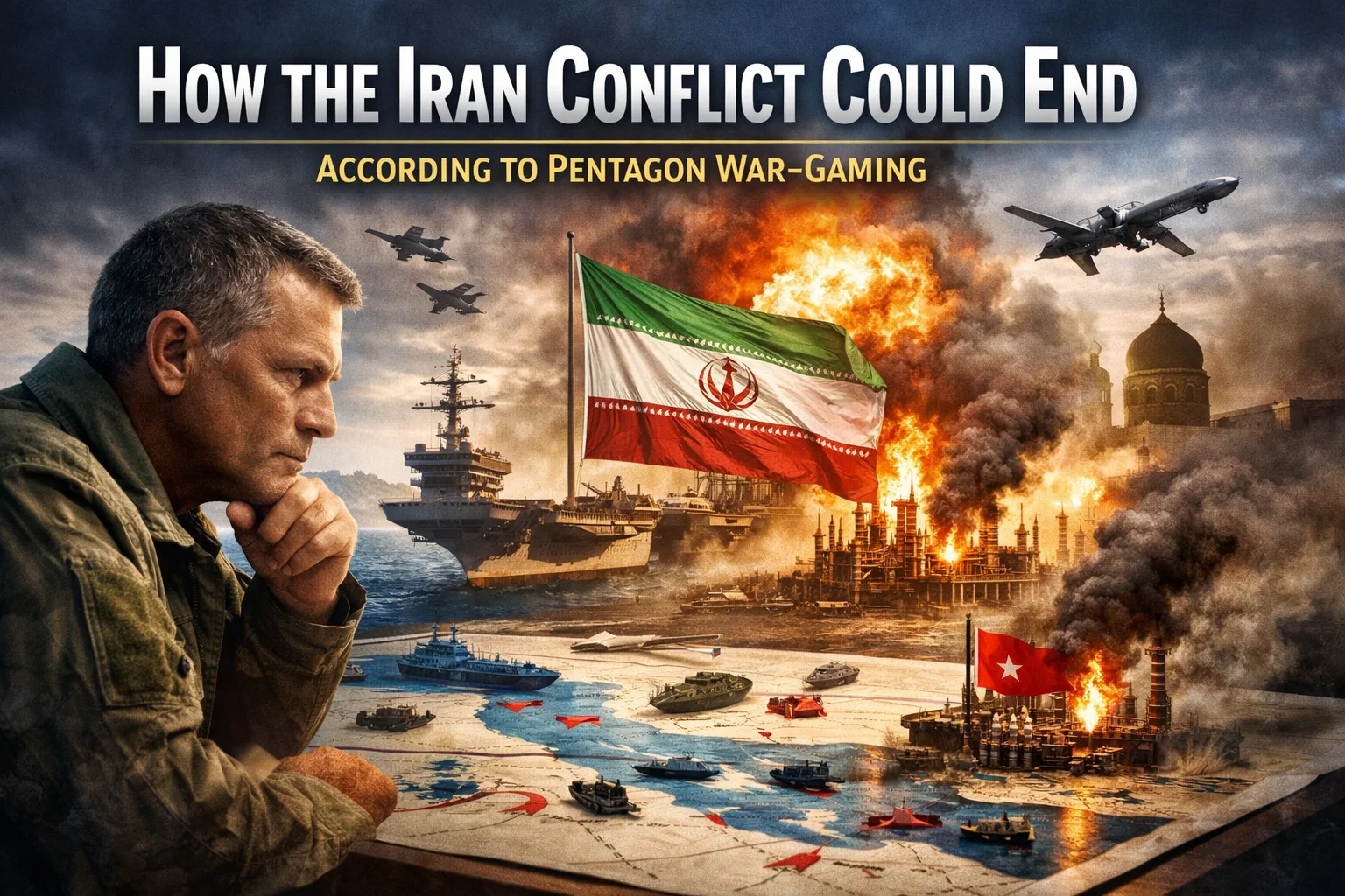 Military analyst reviewing Middle East war map with Iran conflict scenario, showing US naval forces, missiles, and oil facility explosion