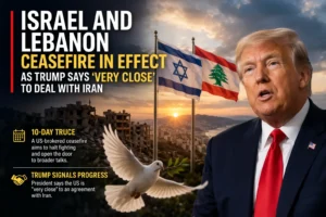 A dramatic editorial-style image showing Donald Trump alongside Israeli and Lebanese flags, a peace dove flying over a war-torn city, symbolizing a ceasefire and ongoing Iran deal negotiations