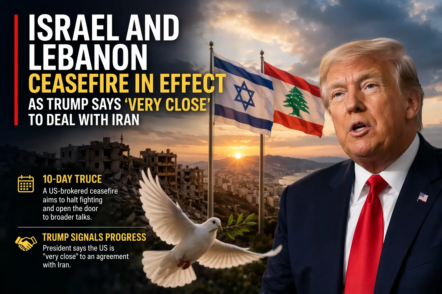 A dramatic editorial-style image showing Donald Trump alongside Israeli and Lebanese flags, a peace dove flying over a war-torn city, symbolizing a ceasefire and ongoing Iran deal negotiations