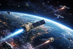 ISRO satellites navigating crowded orbit with space debris around Earth