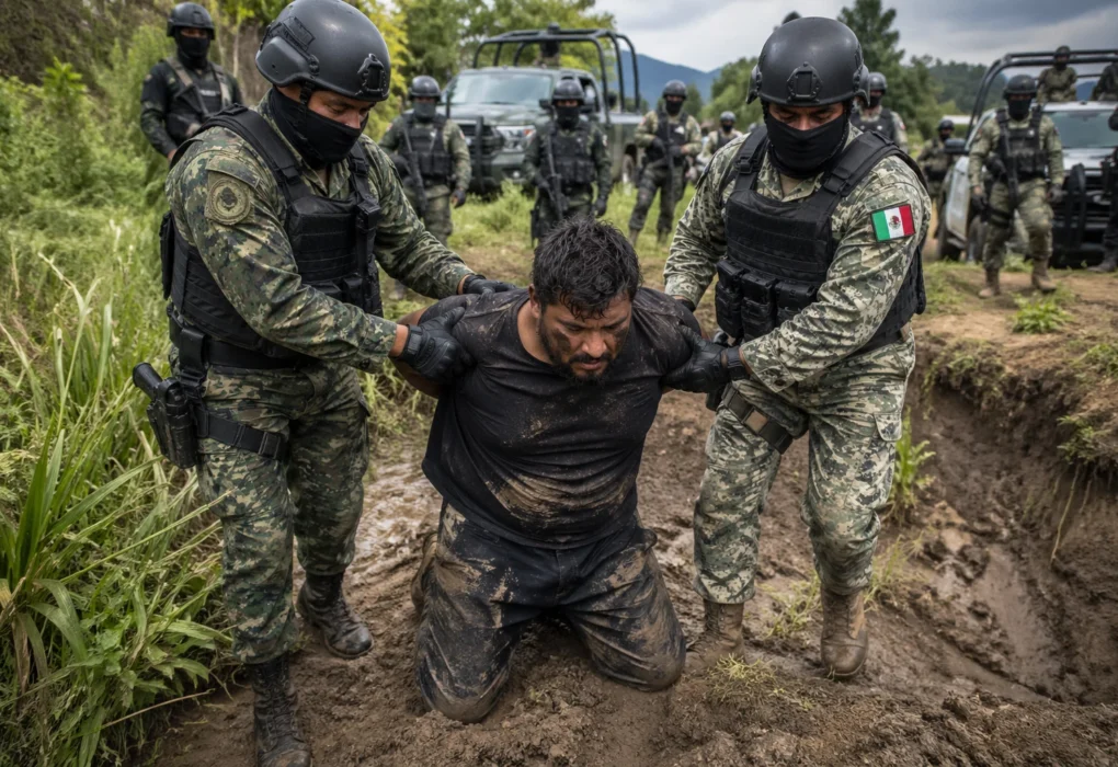 Armed Mexican security personnel escorting a detained cartel suspect from a rural operation site.
