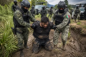 Armed Mexican security personnel escorting a detained cartel suspect from a rural operation site.