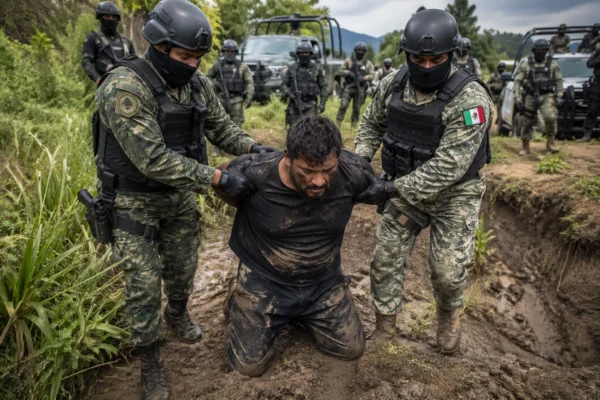 Armed Mexican security personnel escorting a detained cartel suspect from a rural operation site.