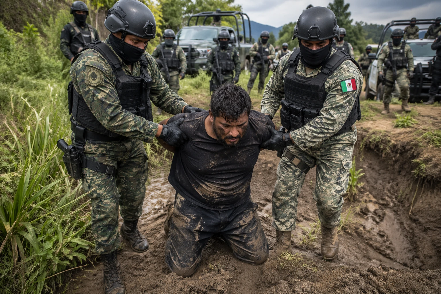 Armed Mexican security personnel escorting a detained cartel suspect from a rural operation site.