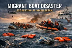 Rescue teams saving migrants after a boat sank in the Indian Ocean with 250 people missing