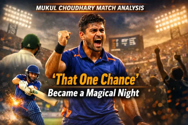 Mukul Choudhary celebrating during a cricket match after a game-changing performance under stadium lights