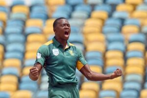 Kagiso Rabada bowling with steep bounce during match-winning spell