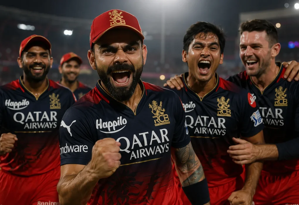 Virat Kohli celebrating with RCB teammates in IPL 2026 showing champion aura