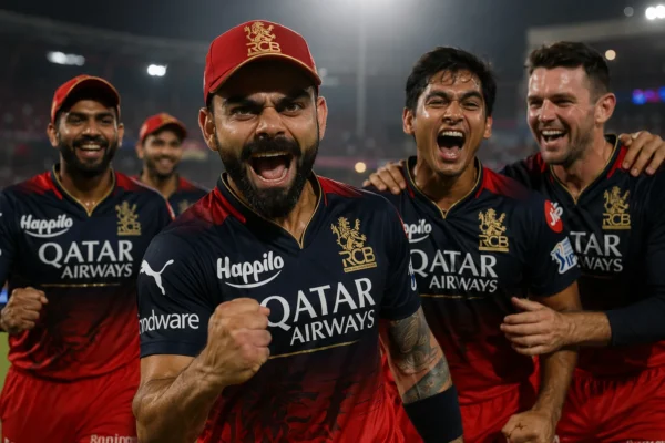 Virat Kohli celebrating with RCB teammates in IPL 2026 showing champion aura