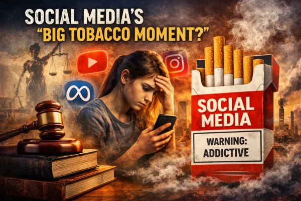 social media Big Tobacco moment illustration showing smartphone addiction, legal action, and comparison to tobacco industry risks