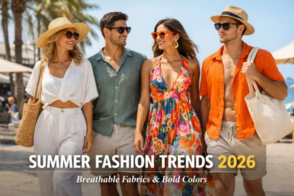 People wearing trendy summer outfits on a beach showcasing 2026 fashion trends