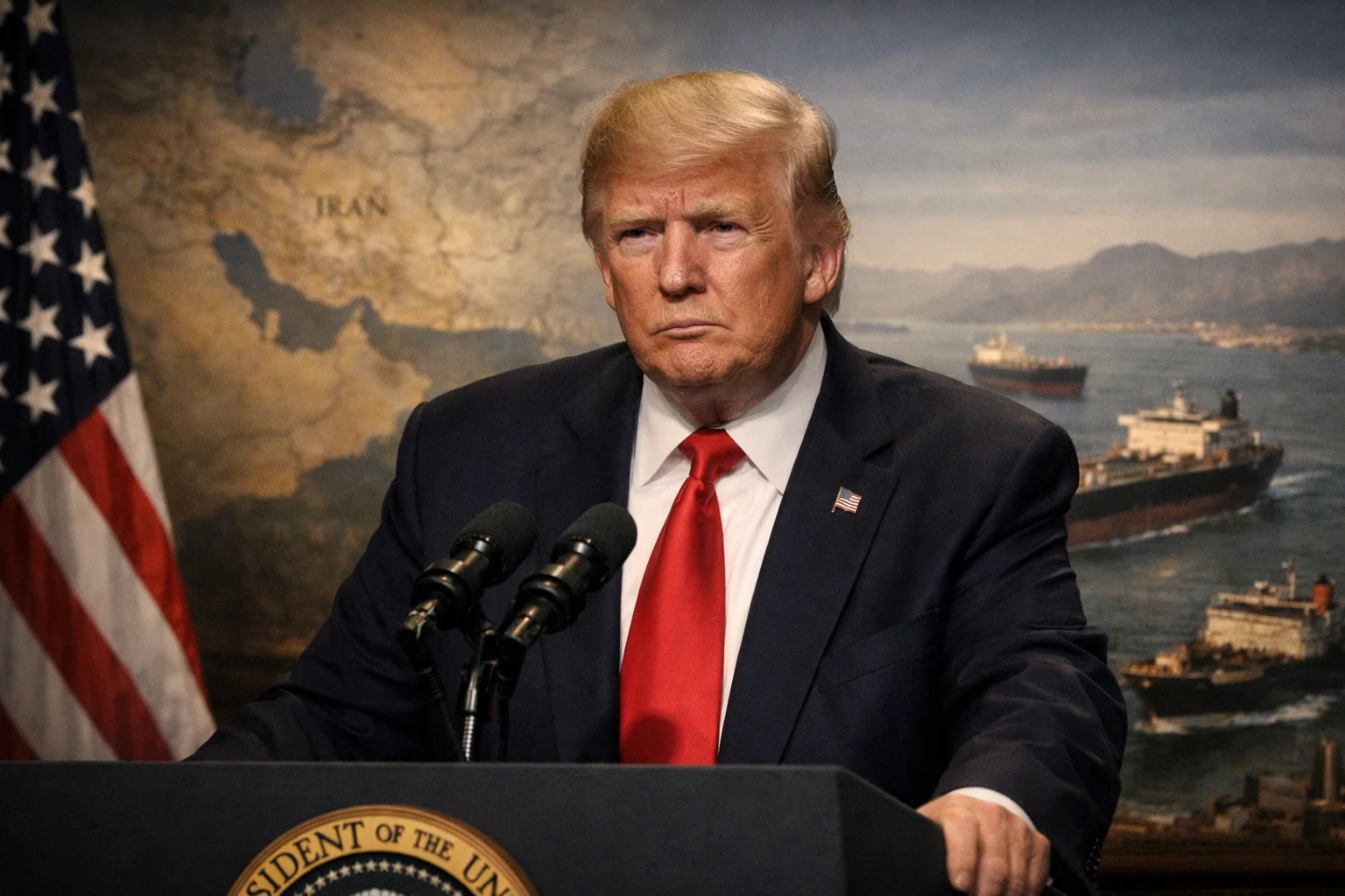 Donald Trump speaking on Iran threat with Strait of Hormuz crisis backdro