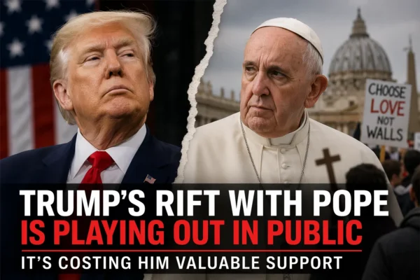 Donald Trump and Pope Francis facing opposite directions highlighting growing political and ideological rift impacting Catholic voters