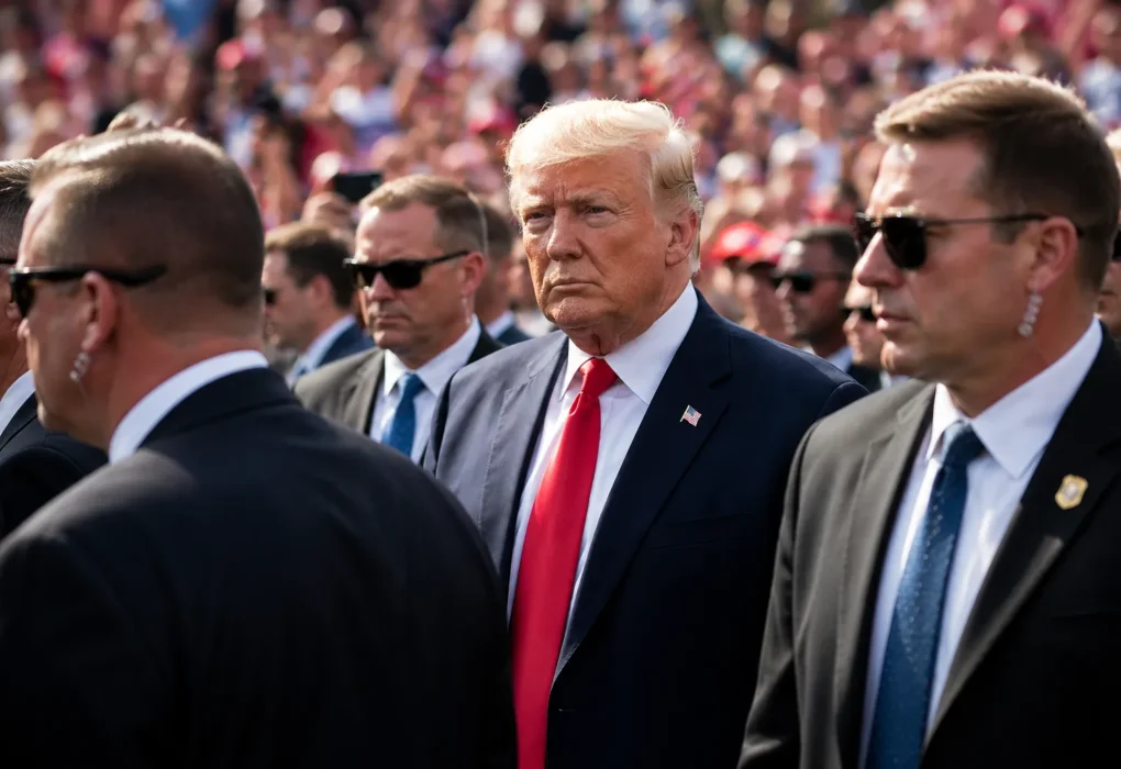 Donald Trump surrounded by security personnel during a public appearance amid heightened threat concerns