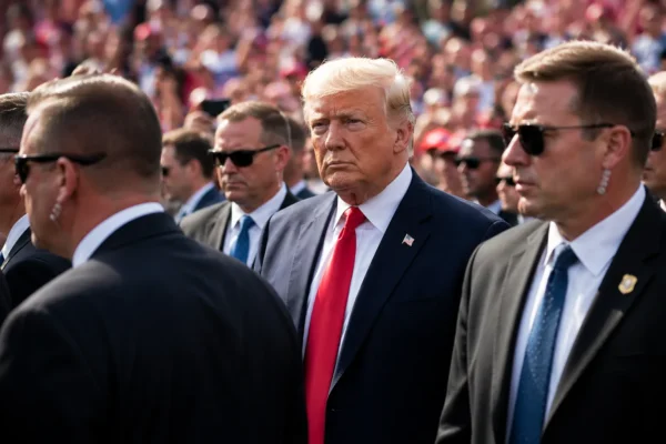 Donald Trump surrounded by security personnel during a public appearance amid heightened threat concerns