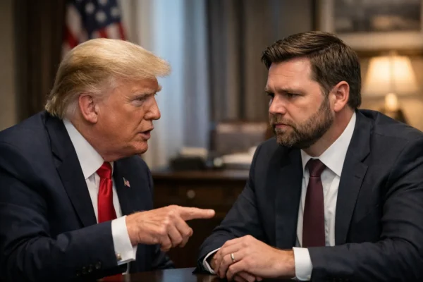 Donald Trump speaking with JD Vance during a high-level political discussion