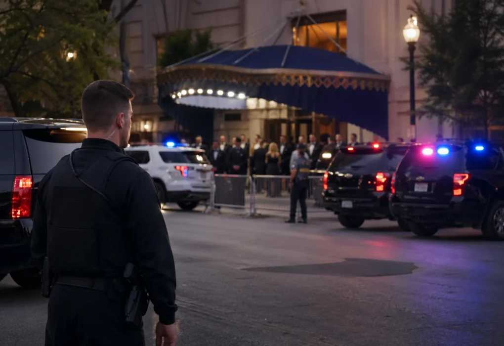 Security personnel and police vehicles stationed outside the Washington dinner venue after the attempted attack involving Donald Trump.