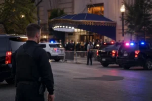 Security personnel and police vehicles stationed outside the Washington dinner venue after the attempted attack involving Donald Trump.