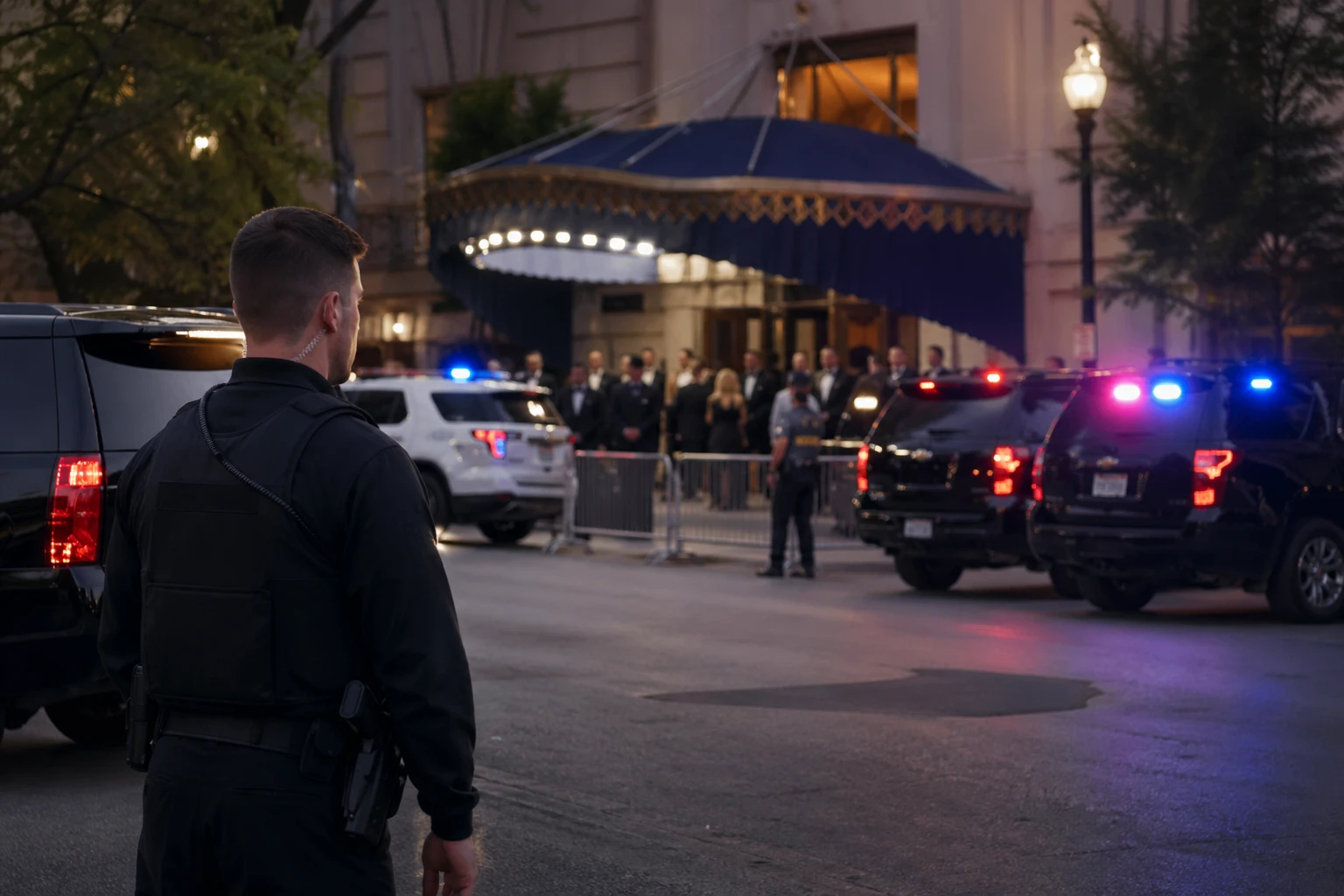 Security personnel and police vehicles stationed outside the Washington dinner venue after the attempted attack involving Donald Trump.