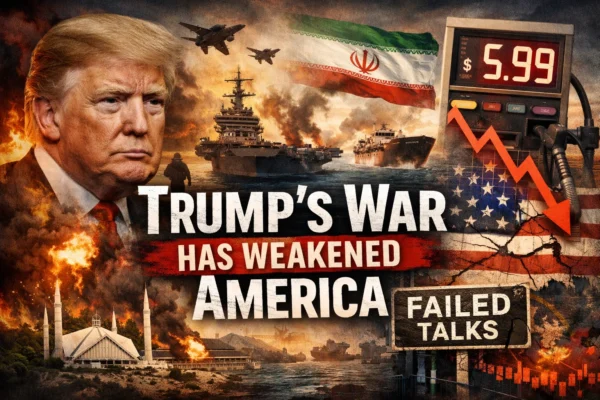 Donald Trump with warships, Iran flag, oil price surge and falling US economy illustration representing impact of Iran war on America