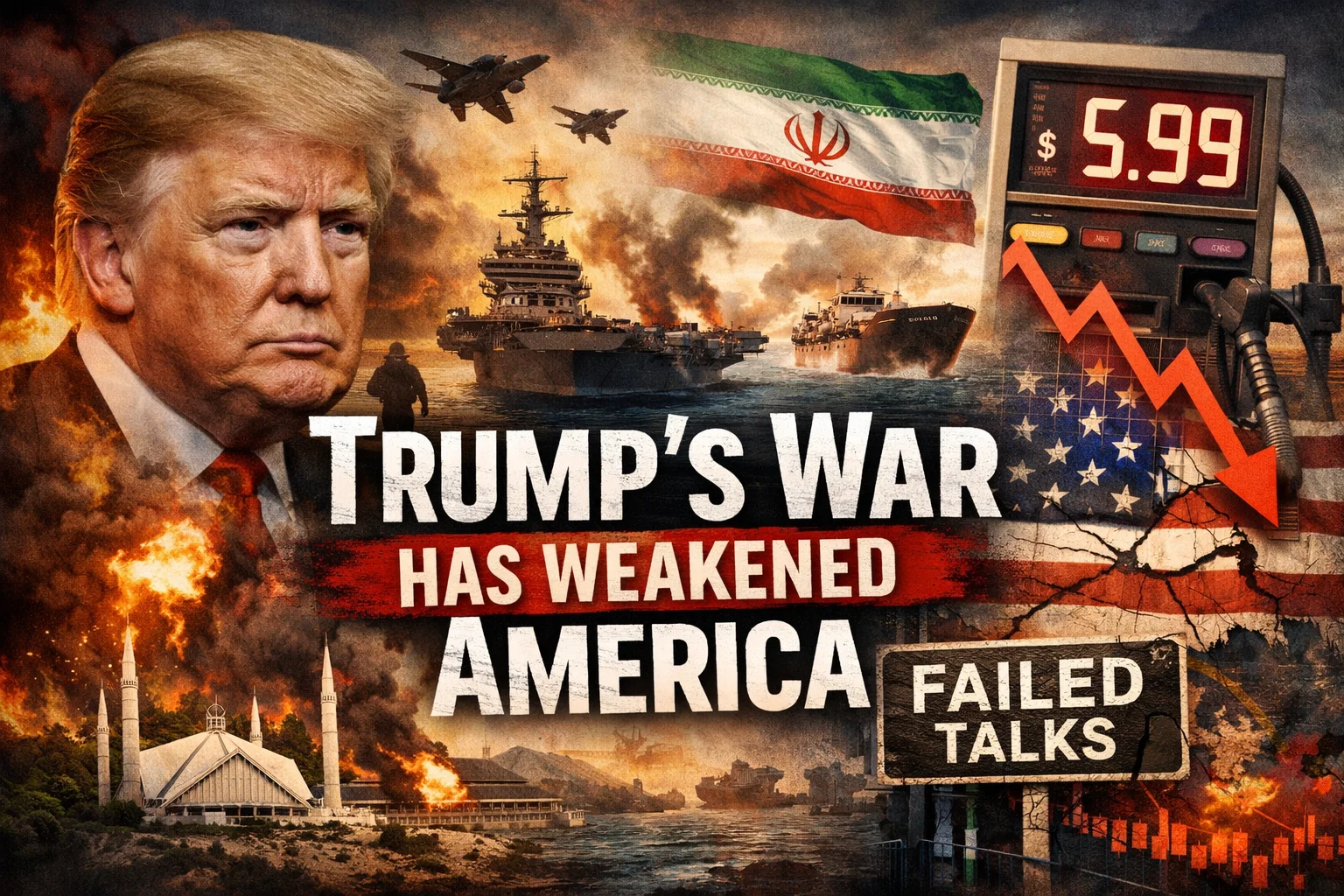 Donald Trump with warships, Iran flag, oil price surge and falling US economy illustration representing impact of Iran war on America