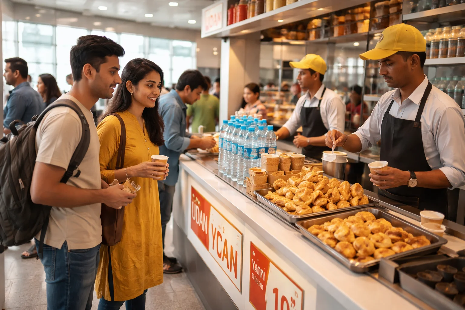 Low-cost snacks like tea and samosas offered under the UDAN Yatri Cafe initiative at Indian airports