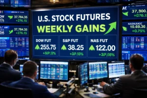 U.S. stock futures trading screens showing weekly gains amid Iran peace hopes