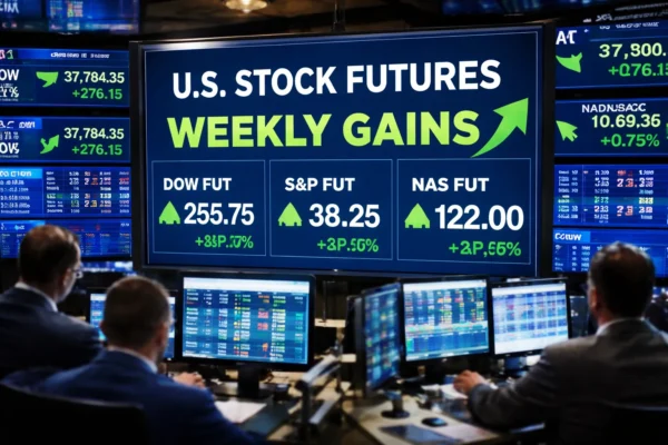 U.S. stock futures trading screens showing weekly gains amid Iran peace hopes