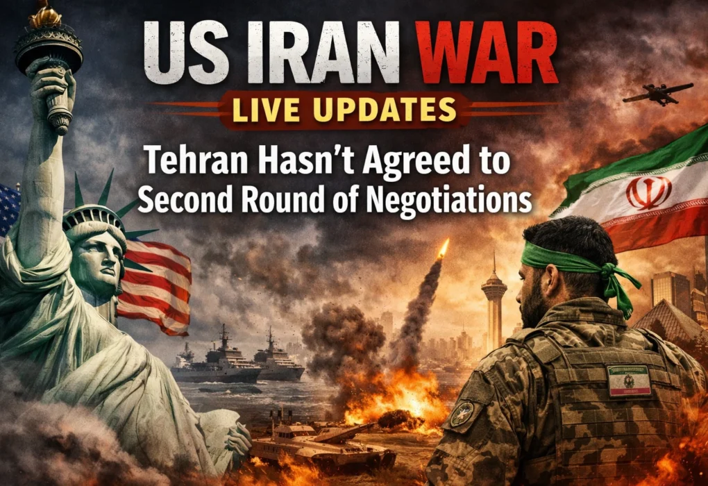Illustration showing US-Iran conflict with military visuals, flags, and headline about Tehran delaying second round of negotiations