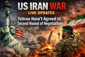 Illustration showing US-Iran conflict with military visuals, flags, and headline about Tehran delaying second round of negotiations