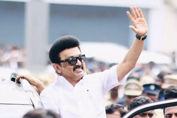 M. K. Stalin speaking at a political rally in Tamil Nadu during the delimitation debate