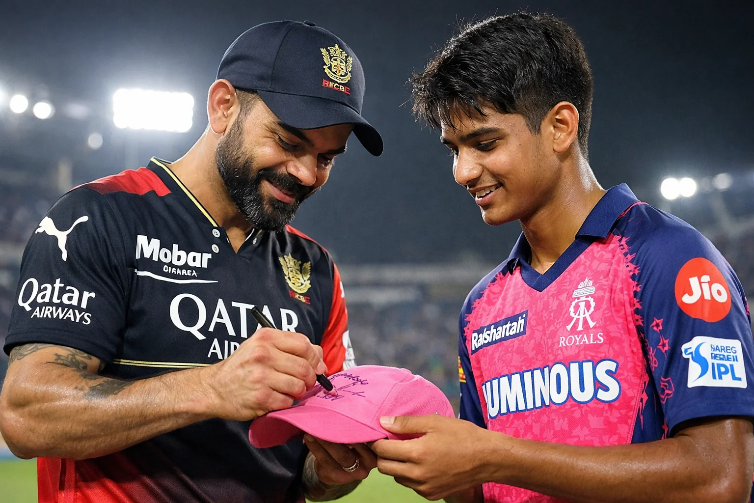 Virat Kohli signing a Rajasthan Royals cap for young batter Vaibhav Sooryavanshi after an IPL 2026 match