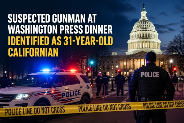 Police and security presence outside Washington press dinner venue after suspected gunman incident