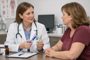 Doctor explaining weight-loss drugs to a patient before starting obesity treatment