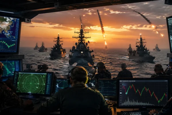 U.S. Navy vessels operating in the Strait of Hormuz amid renewed tensions with Iran in May 2026